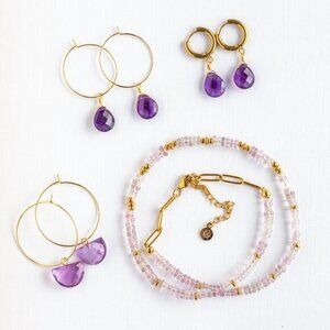 BUNDLE Pink Amethyst Heishi Beaded Necklace Waterproof Gold Necklace & Bracelet